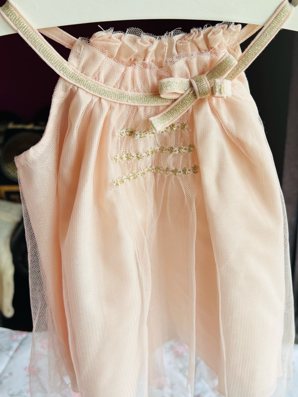 Girls' Casual Peach Tulle Dress with Gold Trim